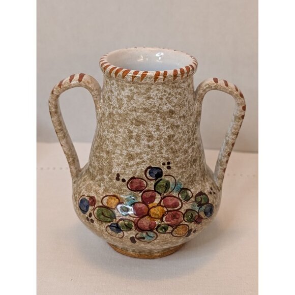 Vintage Italian Hand-Painted Ceramic Double-Handle Vase With Floral Design 4.75" - Picture 2 of 7
